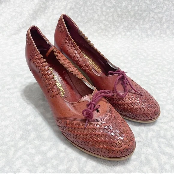 Vintage Woven Wedges 70s Captivators Brown Leather Tie Oxford Heels - Picture 4 of 12